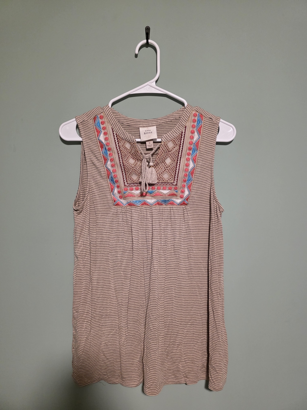 Knox Rose Beige Striped Sleeveless Tank with Multicolor Embroidered Yoke